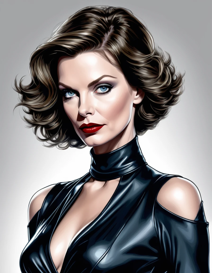 1 woman, [Anne Hathaway:Michelle Pfeiffer:0.4] as Selina Kyle, exudes beauty with her radiant, smooth skin. Her strong, serious demeanor and confident stance convey an air of convincing allure. This captivating portrait is rendered in 4k high-resolution, ensuring every detail is displayed in the best quality. The illustration showcases Selina's determined expression, captivating the viewer's attention with its intricately detailed features.