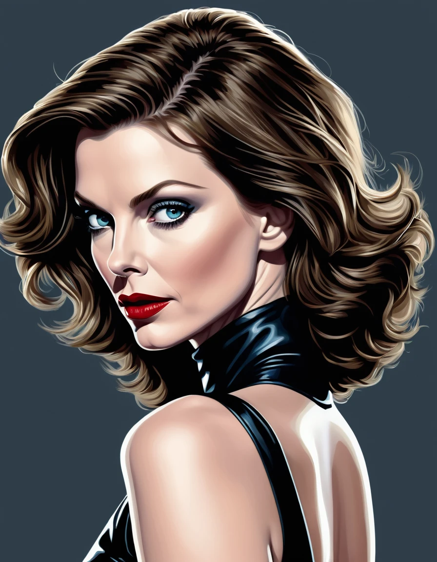 1 woman, [Anne Hathaway:Michelle Pfeiffer:0.4] as Selina Kyle, exudes beauty with her radiant, smooth skin. Her strong, serious demeanor and confident stance convey an air of convincing allure. This captivating portrait is rendered in 4k high-resolution, ensuring every detail is displayed in the best quality. The illustration showcases Selina's determined expression, captivating the viewer's attention with its intricately detailed features.