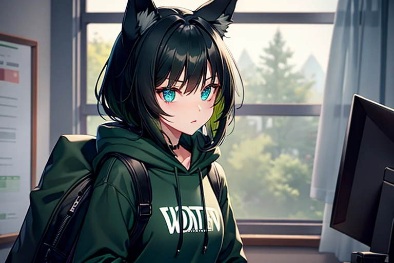 Female, black hair, dark green highlights, wolf ears and tail, blue eyes, green hoodie, black jeans, black backpack, classroom