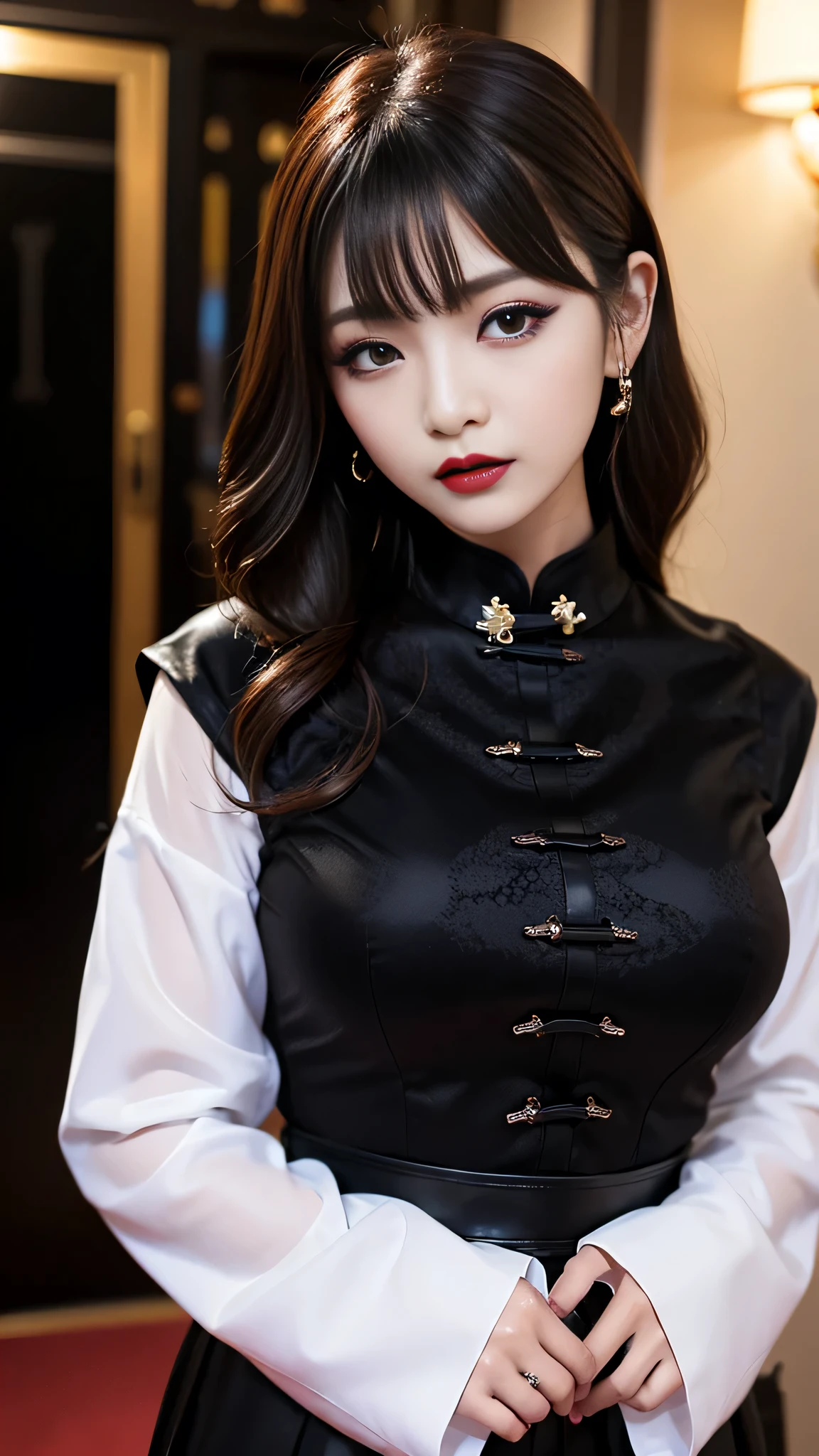 tra-detailed、Japanese、Attractive beauty、seductive adult woman、Pretty Woman、cool girl、brown hair、wavy hair、swept bangs、piercing eyes、hollow eyes、half-closed eyes、Hollow Eyes、Purple Eyeshadow、black lipstick、black lip gloss、dark makeup、smirk、Whisper in my ear、Evil expression、Long Black Cheongsam、Black wide sleeves、Evil cadres、Fallen into evil、brainwash、mind control、evil、Church at night、Swear allegiance、Have lipstick、Are standing