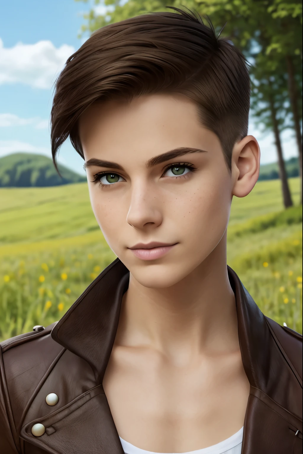 A happy young woman with an undercut in a fantasy setting. A rogue. Very androgynous looking. In a good mood. Sympathic. Kind. Tomboyish. Androgynous. Slim body. Very . Very small breasts. Wide hips. Thick legs. Face: Extremly pale skin with liverspots and freckles. Soft narrow face with a round chin. Soft small jaw. Big forehead. Very thin barely visible eyebrows. Upturned big dark-brown eyes. Dark-brown eyecolour. Puppy dog look. Very long and wide nose. Big curved lips. Very short dark-brown hair. A boyish short haircut. Undercut. Sides shaved. Outfit of a rogue and adventurer. Background: a green meadow and cloudless blue sky.