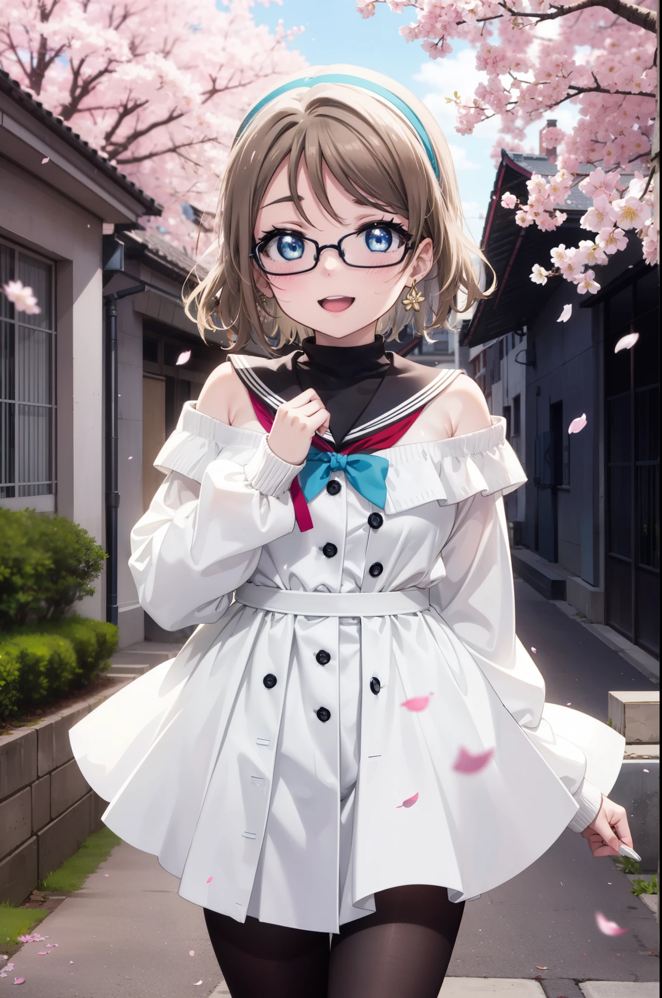 Yowatanabe, Watanabe Yo, short hair, blue eyes, brown hair, Black-rimmed glasses,hair band,Turtleneck off-shoulder sweater,Bare shoulders,Bare neck,bare clavicle,Long skirt,Black pantyhose,short boots,Cherry blossoms are blooming,Cherry blossoms are scattered,Cherry blossom tree-lined path,happy smile, smile, Open your mouth,whole bodyがイラストに入るように,walking,
break outdoors, School School building,
break looking at viewer, whole body,(Cowboy Shot:1.5),
break (masterpiece:1.2), highest quality, High resolution, unity 8k wallpaper, (figure:0.8), (Beautiful fine details:1.6), Highly detailed face, Perfect lighting, Highly detailed CG, (Perfect hands, Perfect Anatomy),