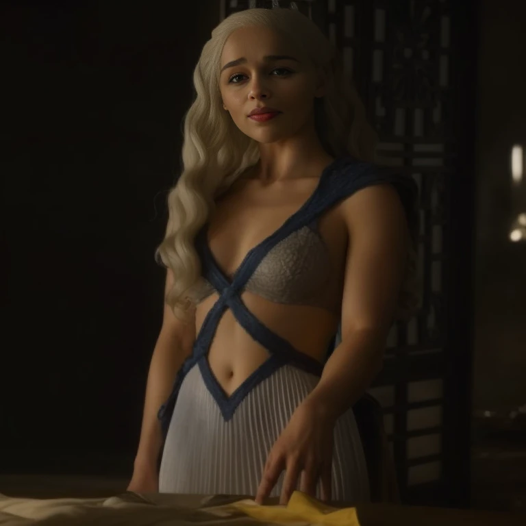 Masterpiece, best quality, detailed face, Emilia Clarke, platinum hair, sexy dress, in a room, looking at viewer, sexy smirk face