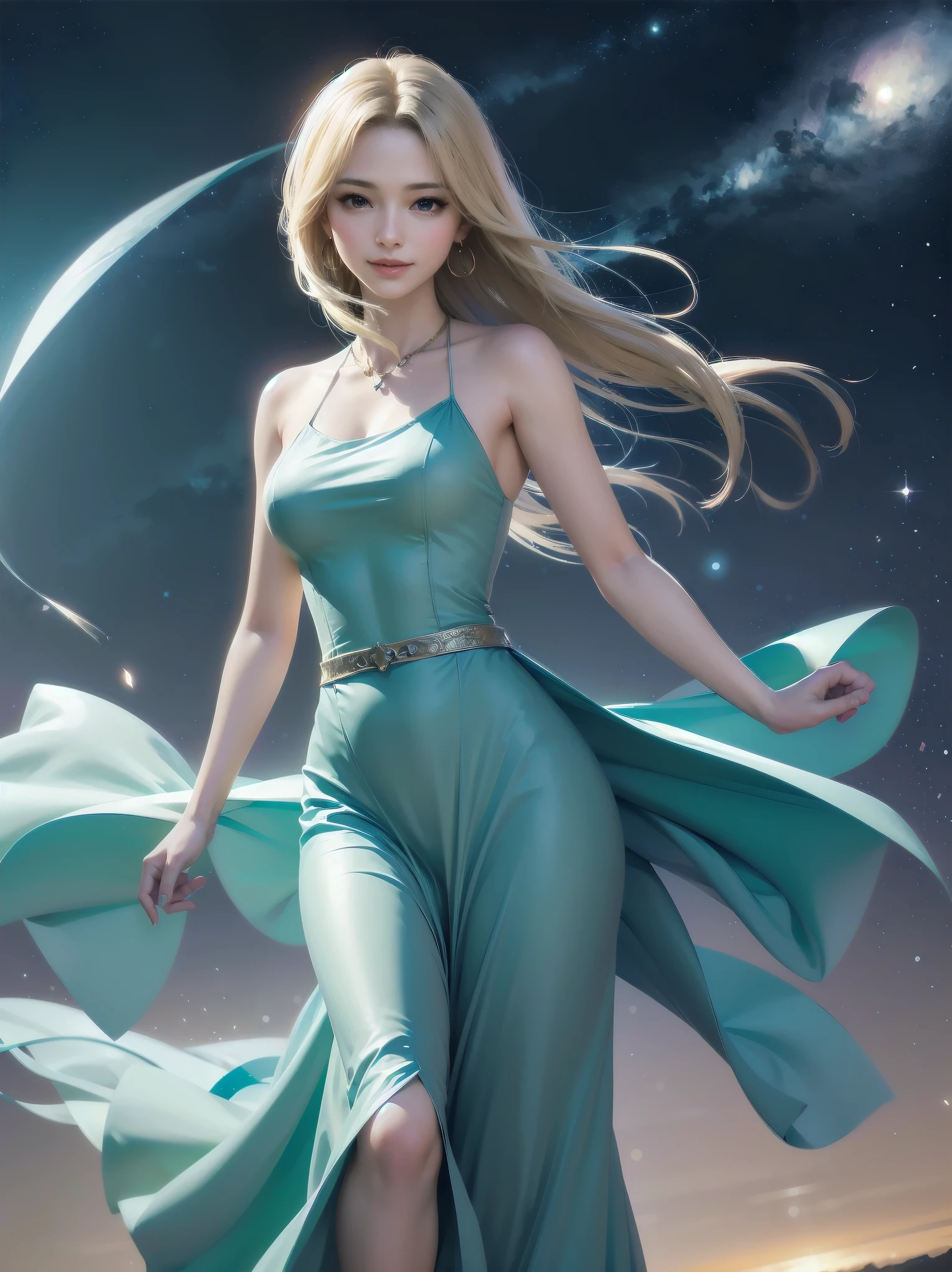 Masterpiece, Top Quality, High Resolution, Super Dimensional Face, Cute Eyes, Very Beautiful Girl in Long Blue Dress Anime Character, One Beautiful Girl, Long Dress, Solo, Blue Dress, (Bob-cut Hair:1.1), Amber Eyes, Gazing, Blonde Hair, ((Hair Fluttering in Wind)), , Medium Chest, Hoop Earrings, Fluttering hair, Night sky, Meteor shower, Fantastic, Phantom moon, Light smile, Dynamic, Fantasy, Otherworldly, Mysterious place