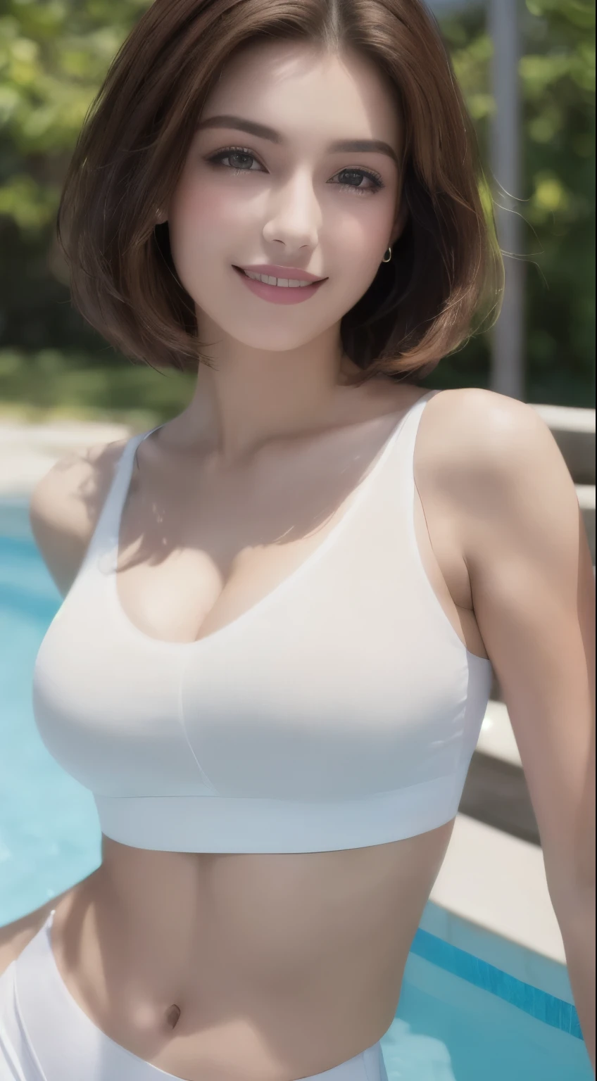 ((Realistic lighting, highest quality, 8k, masterpiece: 1.3)), Clear focus: 1.2, One Girl, Perfect beauty: 1.4, Slim Abs: 1.1, ((Dark brown hair)), (White crop top: 1.4), Poolside, Very beautiful face, Beautiful Eyes, double eyelid,smile、big breasts、Cleavage、short hair
