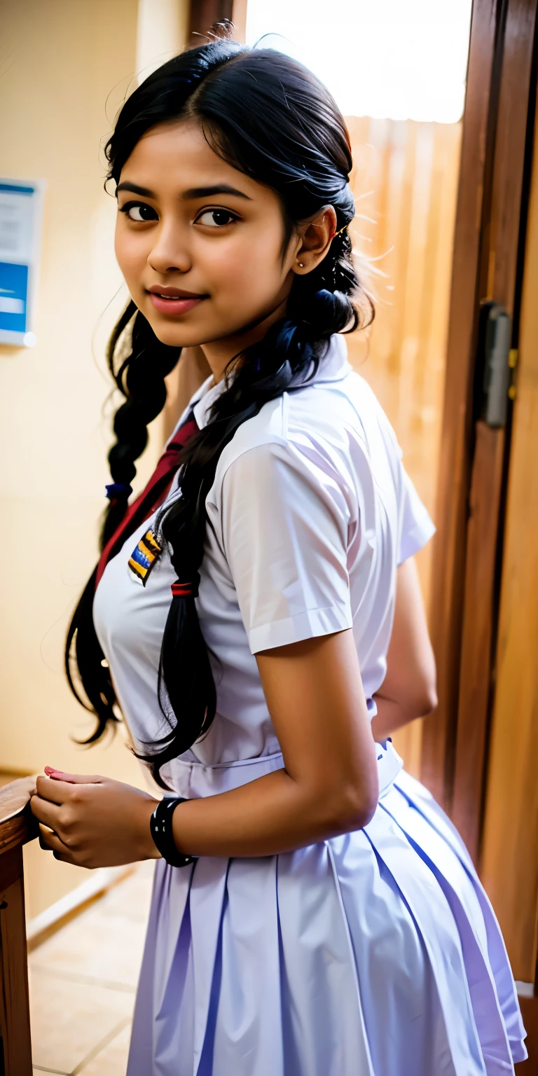 Sri lanka neat college girl, ((playing ,touching ,squeezing ,grabbing    )),huge  , big breasts , person,from back view, (school uniform, braided hair ), (wide angel  ),outside the athletic field, (chubby), photorealistic, detail, skin texture, super detail, delicate and sexy collarbone, smile, super detailed face, detailed lips, detailed eyes, double eyelids