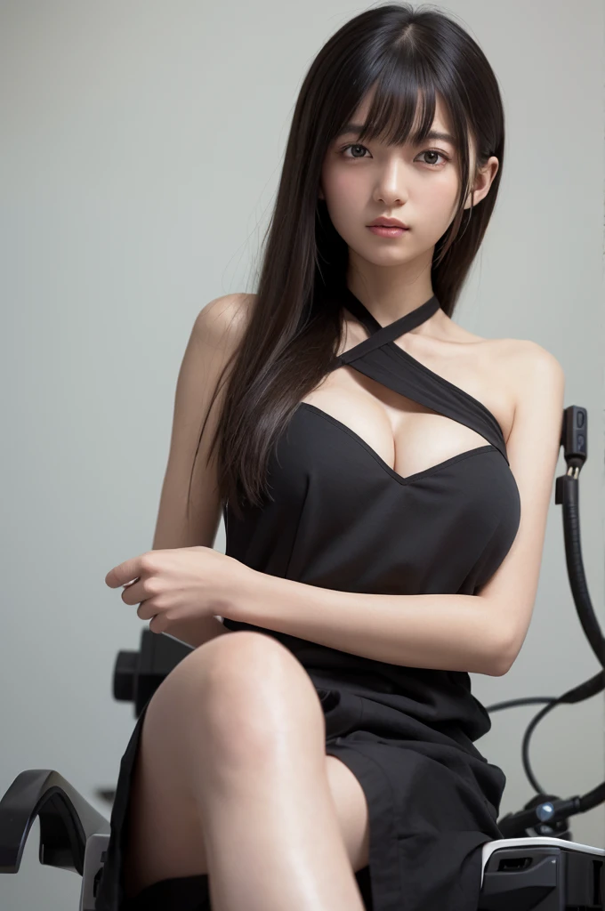 best quality、masterpiece、ultra-high-resolution、(photoreallistic:1.4)、Raw photo、1 girl、Black hair、glowy skin、1 Mechanical Girl、((hyper realistic detail))、portlate、Global Illumination、Shadow、octane rend、8K、ultrasharp、big tit、Raw skin is exposed in cleavage、metals、Details of complex ornaments、Steampunk details、Analog Meter、cog、gear、Golden hydraulic cylinder、hyper intricate details、Realistic light、CGSoation Trends、purple colored eyes、eyes glowing、Facing the camera、neon detailechanical limbs、blood vessels connected to tubeechanical vertebrae attached to the back、mechanical cervical attaching to neck、sitting on、Wires and cables connecting to the head、vacuum tubes、cog、meter、Gundam、Small LED lamp、The background is a steampunk city、