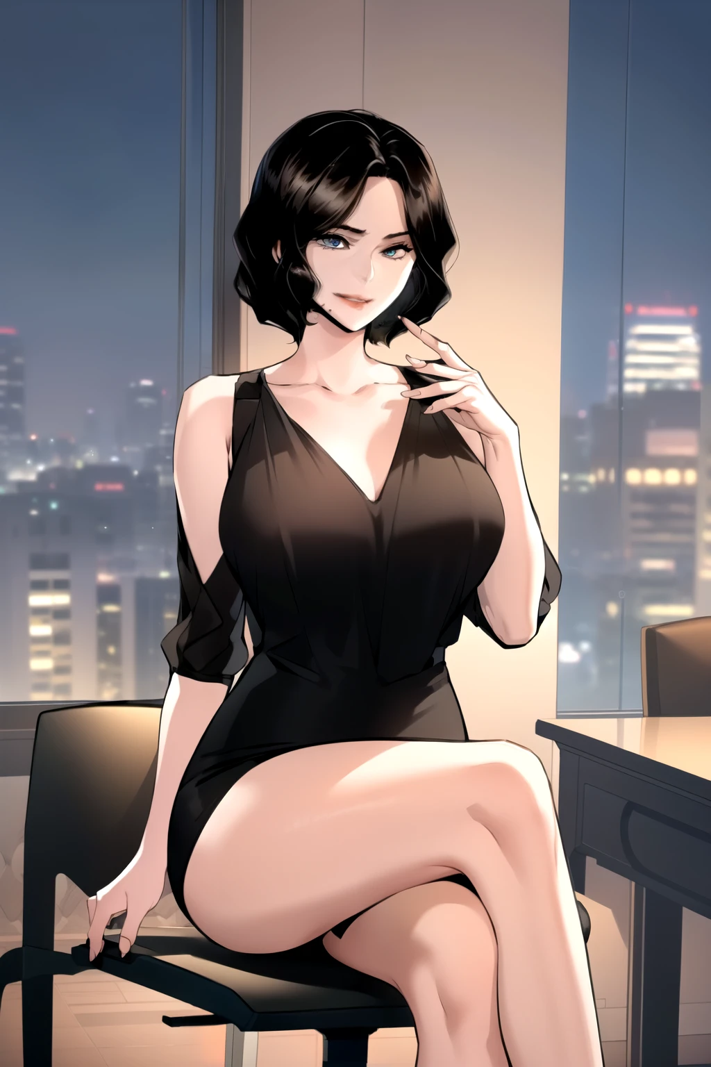 masterpiece, best quality, perfect anatomy, beautiful background, beautiful face, beautiful eyes, beautiful body, full body, shin jiye, 1girl, solo, smiling, short hair, large breasts, black hair, sitting on office chair, legs crossed, collarbone, mole, lips, mole under mouth, black dress, deep neckline, black high heels