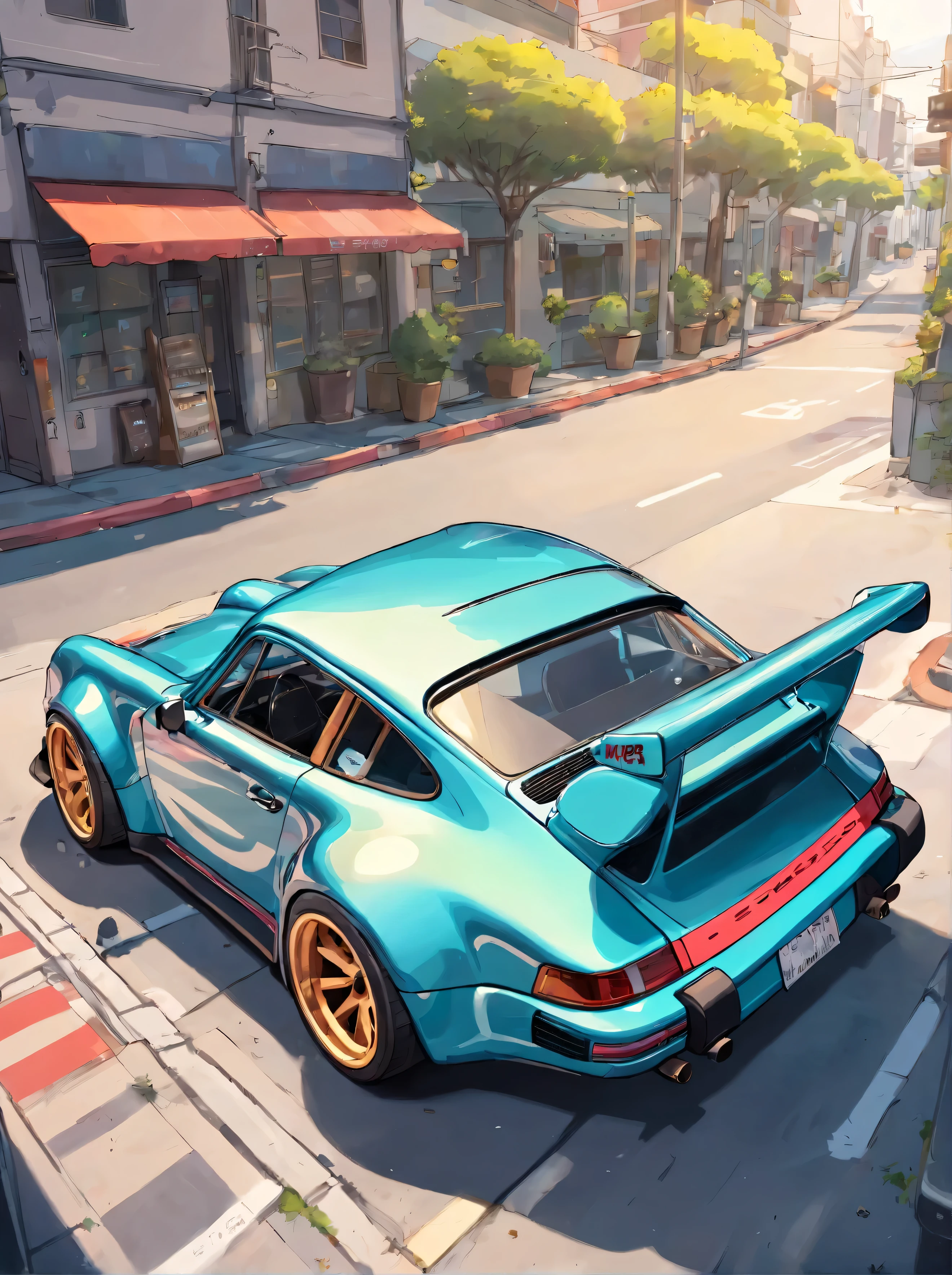 Porsche 911 rwb, corpo largo, outline,
Caricatural, tirinha, Chip Foose car rendering, rodas cromadas, ensacado, hit the floor, estacionamento vazio, Manga Drawing Style, Cor