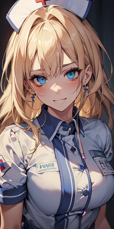 ((Best quality, 8k, Masterpiece: 1.3)), Highly detailed face and skin texture, Detailed eyes, textured skin, highres, nurse, hospital, smile, blue eyes, blonde, (syringe), (crazy, yandere), cowboy shot (top-quality), (ultra-detailliert), (masuter piece), (hight resolution), (Original),