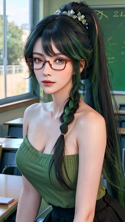 （best quality，high resolution，masterpiece：1.3），tall beautiful woman，（Long ponytail hairstyle，Black hair and green hair, Good-looking hair accessories, Eye color is light green,Wearing red glasses），wearing ，in school classroom，Facial details and skin textures are beautifully rendered，delicate eyes，double eyelids,full body,Naked