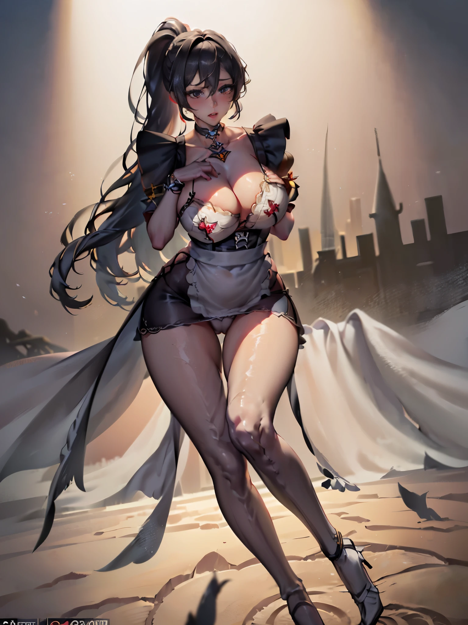 cute, Beautiful girls (masterpiece:1.2, highest quality, 8k, Advanced Details), (Realistic, photoRealistic:1.4), Beautiful illustrations,
Looking at the audience, whole body, Front view:0.6,
1 female, 23 years old, Japanese, ((Long black hair:1.5, High Ponytail:1.5)), let your hair flow, bangs, Hair between the eyes, ((height: 158cm, E cup breasts))
Beautiful Hair, Beautiful Face, Beautiful and detailed, (Brown eyes:1.3, Big eyes), Beautiful clavicle, Beautiful body, Beautiful breasts, Beautiful thighs, Beautiful legs, Beautiful fingers, Perfect Anatomy:1.3, Perfect Anatomy
(Western-style building)
((Maid clothes:1.5, choker:1.6)), White panties,
((Grab the hem of your skirt with your right hand, Place your left hand on your chest, Stand with your feet apart:1.3)),
(Look at the viewer while blushing:1.3)