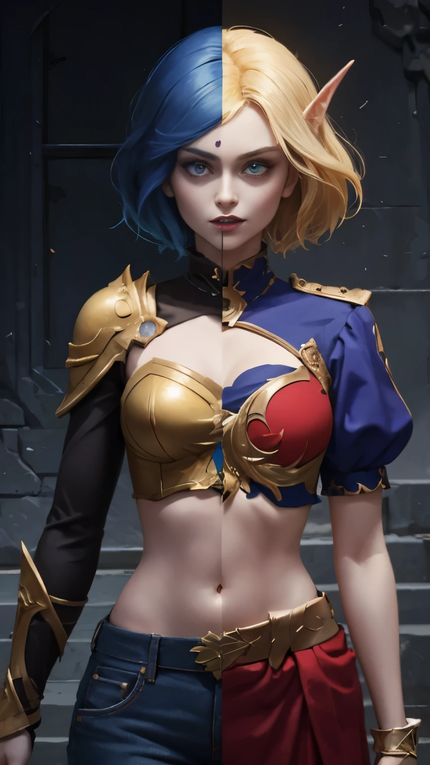 (Masterpiece, highly detailed, highly quality, highly resolutions), beautiful, Line down the middle, multicolored hair, voidelf, SplitScreen, splitscreen, 1girl, short hair, mad, clenched teeth, pants, blue hair, purple eyes, colored skin, blue skin, purple midriff, gold trim, crop top, blue sleeve, navel, looking at the viewer, shadow theme, close-up, bloodelf, SplitScreen, splitscreen, 1girl, short hair, mad, clenched teeth, pants, blonde hair 1.2, green eyes, pale skin, red midriff, gold trim, crop top, red sleeve, navel, look at the viewer, light theme, close-up}}