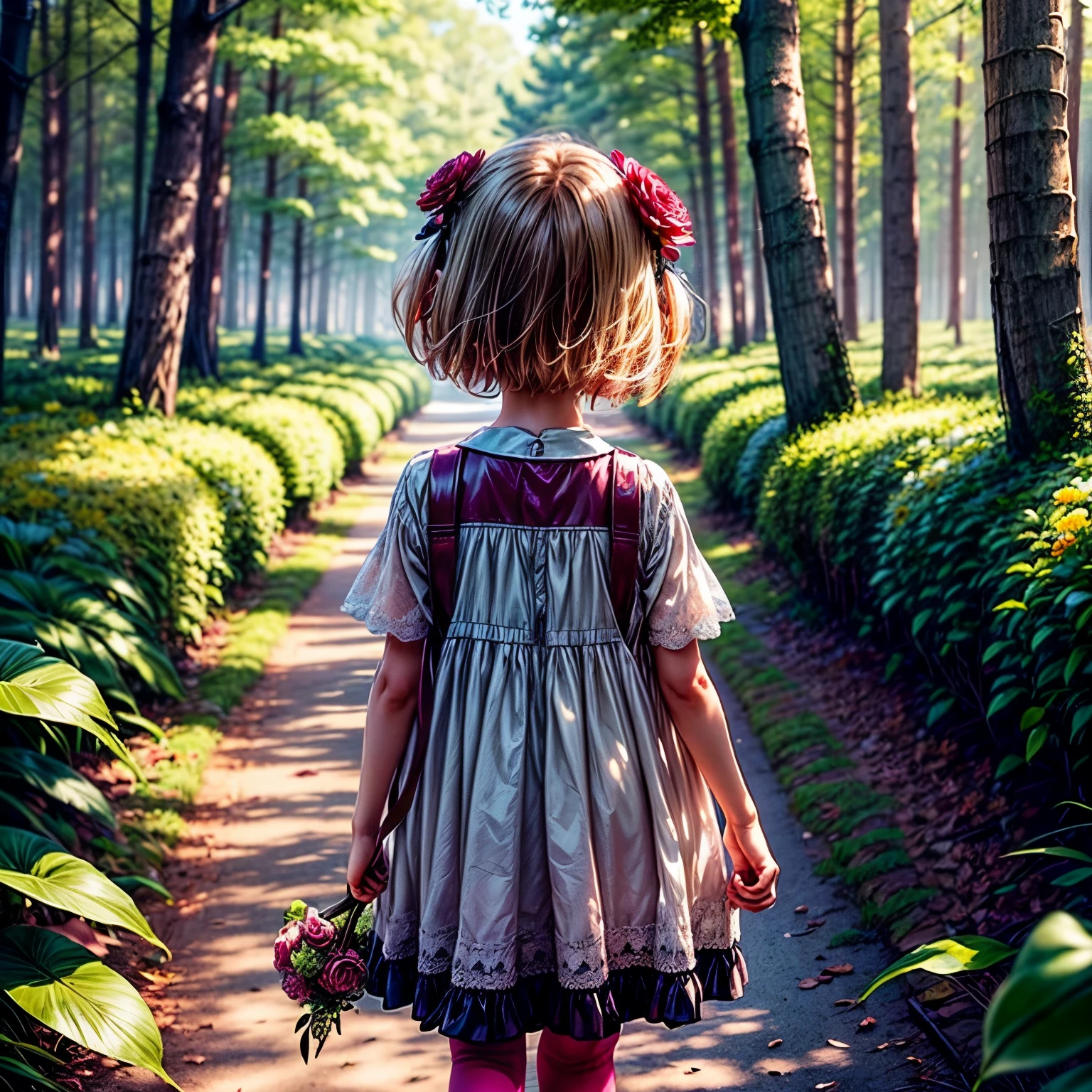 there is a in a red and white dress holding a bouquet, girl in flowers, picking flowers, holding flowers, picking up a flower, girl standing in flower field, girl standing in a flower field, flowers on heir cheeks, girl in a flower field, portrait of girl in flower field, girl walking in forest, girl with a flower head