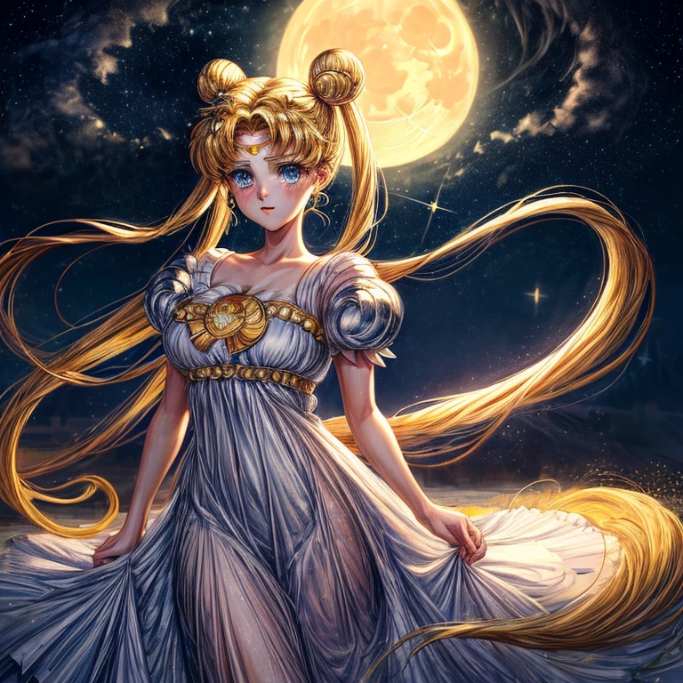 Masterpieces, high quality, anime, 2D, sailor moon, female, yellow golden hair, blue eyes, white gown, sweet face, the most pretty girl, starry night sky with big full moon background, field of roses