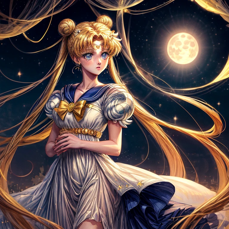 Masterpieces, high quality, anime, 2D, sailor moon, female, yellow golden hair, blue eyes, white gown, sweet face, the most pretty girl, starry night sky with big full moon background, field of roses