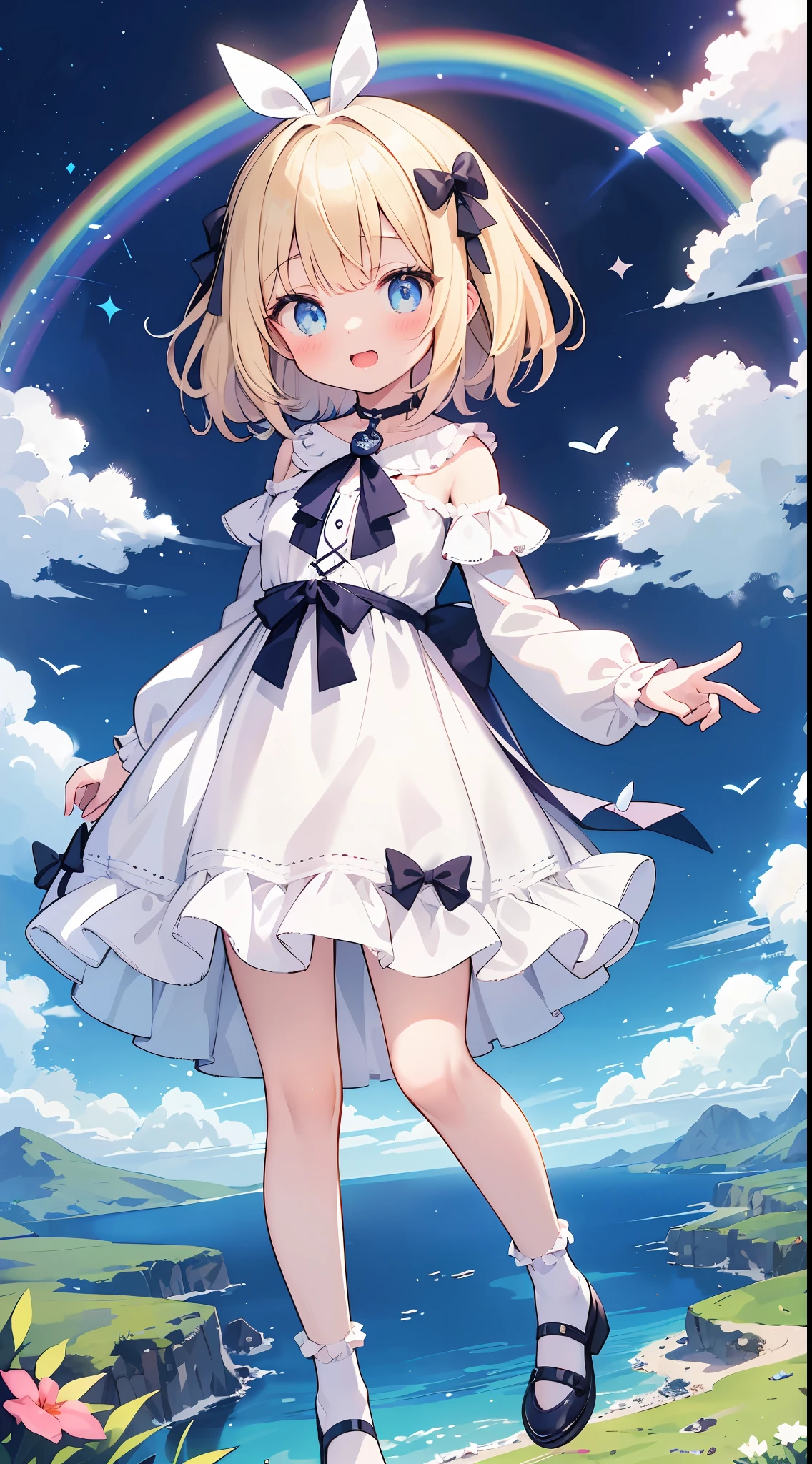 girl with:I'm a pretty girl with blonde hair and blue eyes.。I'm about 8 。Clothing is wearing a white dress and socks。She wears a blue ribbon around her neck.。The girl just came to the land of dreamy eyes are shining with surprise and delight。
Dreamland:It is a mysterious country with many islands floating in the sky。There are colorful flowers, trees and animals on the island.、The air is clear々It smells good。The islands are connected by a rainbow-colored bridge.、Cross the bridge to another world。Dreamland々Adventures and discoveries await you。
perform:The entire screen uses bright and fun colors.、It expresses a dreamy atmosphere。The girl is depicted at the bottom right of the screen、Stands out in contrast to the surroundings。The girl is pointing to the land of dreams with her gaze and fingers.、Expresses interest and curiosity。At the top of the screen,「Dreamland」It is titled、The font is fantasy-like and attractive。