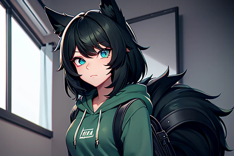 Female, black hair, dark green highlights, wolf ears and tail, blue eyes, green hoodie, black jeans, black backpack, high school classroom 