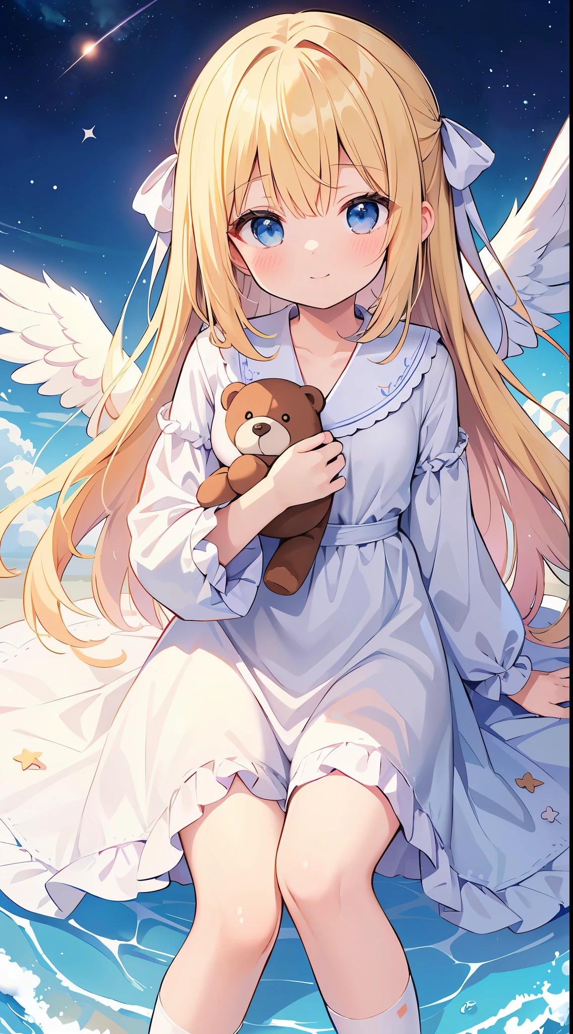 ​masterpiece、Photoreal Stick、top-quality、Supremely detailed、cowboy  shot、Exaggerate the difference in material and material texture、Meticulous anime style、 girl with：I'm a pretty girl with blonde hair and blue eyes.。I'm about 10 years old。Clothing is wearing a white dress and socks。She wears a red ribbon around her neck.。Girl leaning on a big stuffed bear、Sleeping soundly。The face is at peace、Smiling。 Stuffed bear：It's a brown and fluffy stuffed bear。Bigger than a girl、I try to wrap up girls。Stuffed bear is gently hugging a girl、Protecting girls。 Angels and Souls：Multiple angels are flying around the girl。Angels have white wings and halos.、It has a beautiful figure。Angels are giving blessings and comforts to girls.、Trying to take a girl to heaven。A white and transparent soul emerges from the girl,、Ascending into the sky with angels。 Background with：Blue sky and white clouds are depicted on the background。The sun, rainbows, stars, etc. shine in the sky。Light is shining from the sky.、Stuffed girls and bears illuminate angels and souls。The background expresses dreams and illusions.、It has a beautiful and gentle atmosphere.。