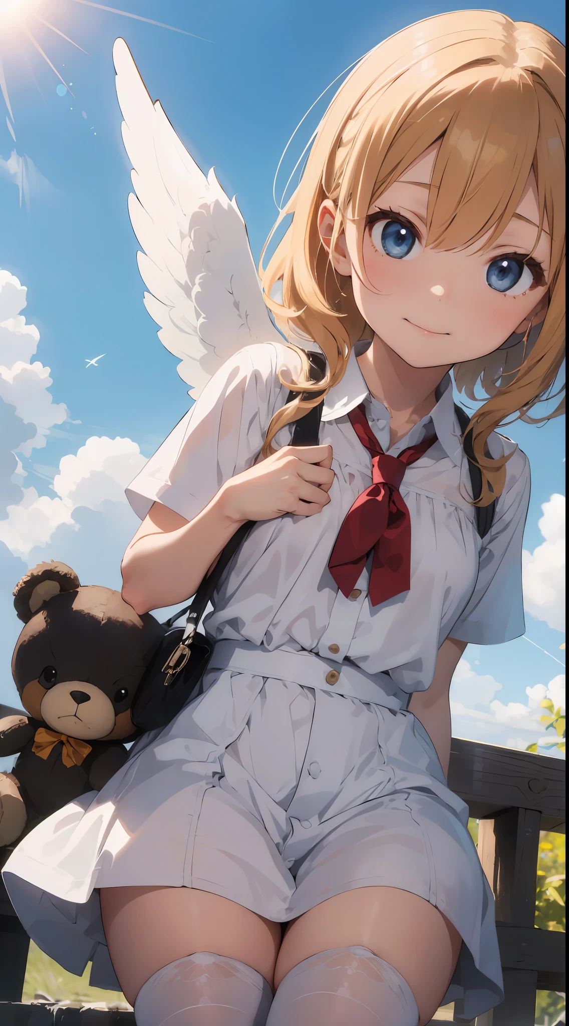 ​masterpiece、Photoreal Stick、top-quality、Supremely detailed、cowboy  shot、Exaggerate the difference in material and material texture、Meticulous anime style、
girl with：I'm a pretty girl with blonde hair and blue eyes.。I'm about 10 years old。Clothing is wearing a white dress and socks。She wears a red ribbon around her neck.。Girl leaning on a big stuffed bear、Sleeping soundly。The face is at peace、Smiling。
Stuffed bear：It's a brown and fluffy stuffed bear。Bigger than a girl、I try to wrap up girls。Stuffed bear is gently hugging a girl、Protecting girls。
Angels and Souls：Multiple angels are flying around the girl。Angels have white wings and halos.、It has a beautiful figure。Angels are giving blessings and comforts to girls.、Trying to take a girl to heaven。A white and transparent soul emerges from the girl,、Ascending into the sky with angels。
Background with：Blue sky and white clouds are depicted on the background。The sun, rainbows, stars, etc. shine in the sky。Light is shining from the sky.、Stuffed girls and bears illuminate angels and souls。The background expresses dreams and illusions.、It has a beautiful and gentle atmosphere.。