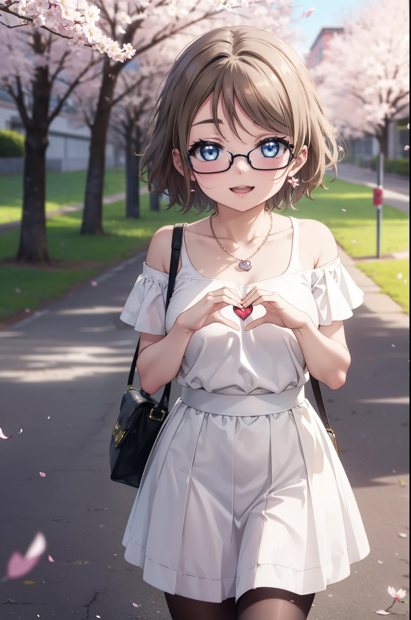 Yowatanabe, Watanabe Yo, short hair, blue eyes, brown hair, Black-rimmed glasses,hair band,Heart Necklace,Off-the-shoulder sweater,Bare shoulders,Bare neck,bare clavicle,Long skirt,Black pantyhose,short boots,Cherry blossoms are blooming,Cherry blossoms are scattered,Cherry blossom tree-lined path,happy smile, smile, Open your mouth,whole bodyがイラストに入るように,walking,
break outdoors, School School building,
break looking at viewer, whole body,(Cowboy Shot:1.5),
break (masterpiece:1.2), highest quality, High resolution, unity 8k wallpaper, (figure:0.8), (Beautiful fine details:1.6), Highly detailed face, Perfect lighting, Highly detailed CG, (Perfect hands, Perfect Anatomy),