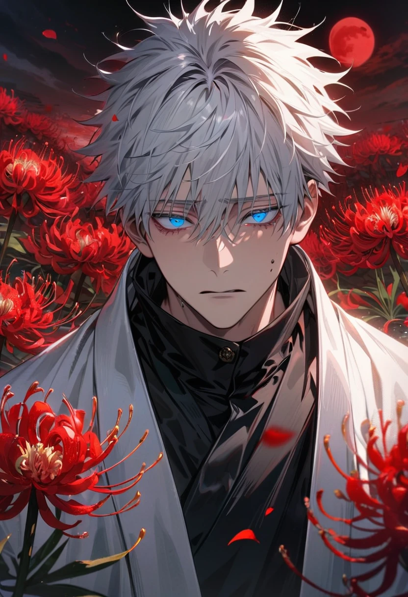 absurdres, highres, ultra detailed, HDR, master piece, best quality, extremely detailed face and eyes, Gojo Satoru, white hair with bangs, hair between the eyes, expressive blue eyes, sadness, Jujutsu Kaisen, 1 man, extremely handsome, white haori, black kimono, red spider lilies, red water, red moon, petals