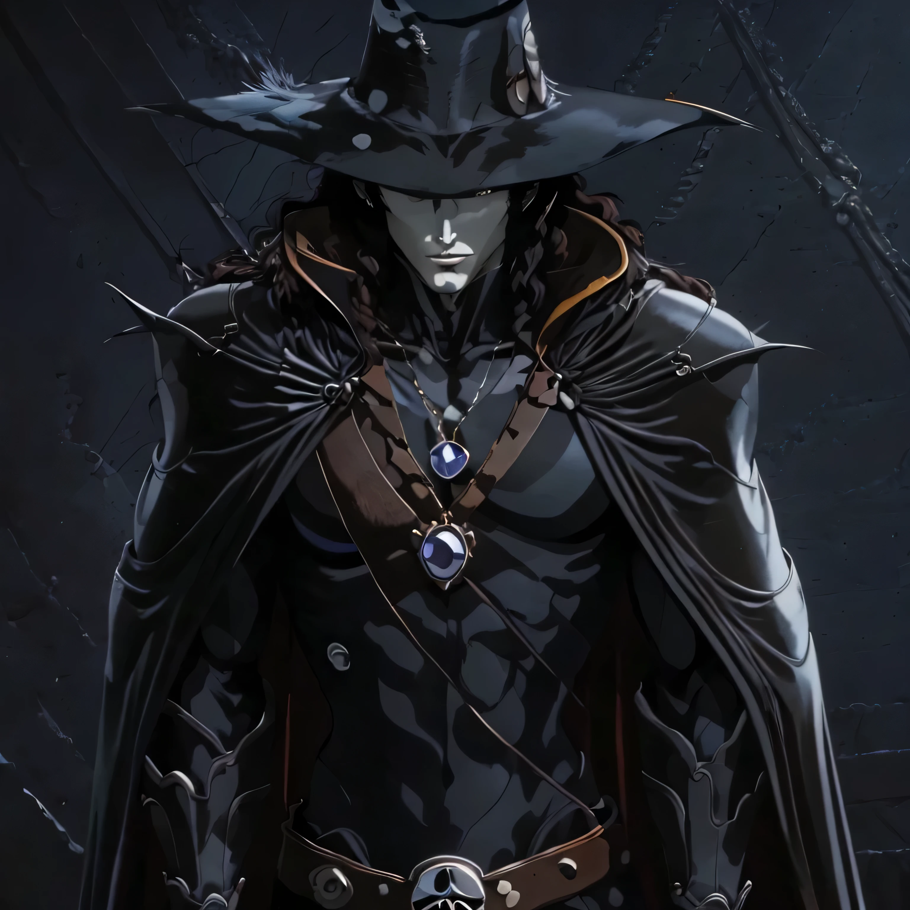 solo, male, 
VampireHunterD,1half-vampire,
hat,
gem necklace,
cape,shoulder armor,
bodysuit,
skull belt,
boots, photo-realistic, octane render, unreal engine, ultra-realistic