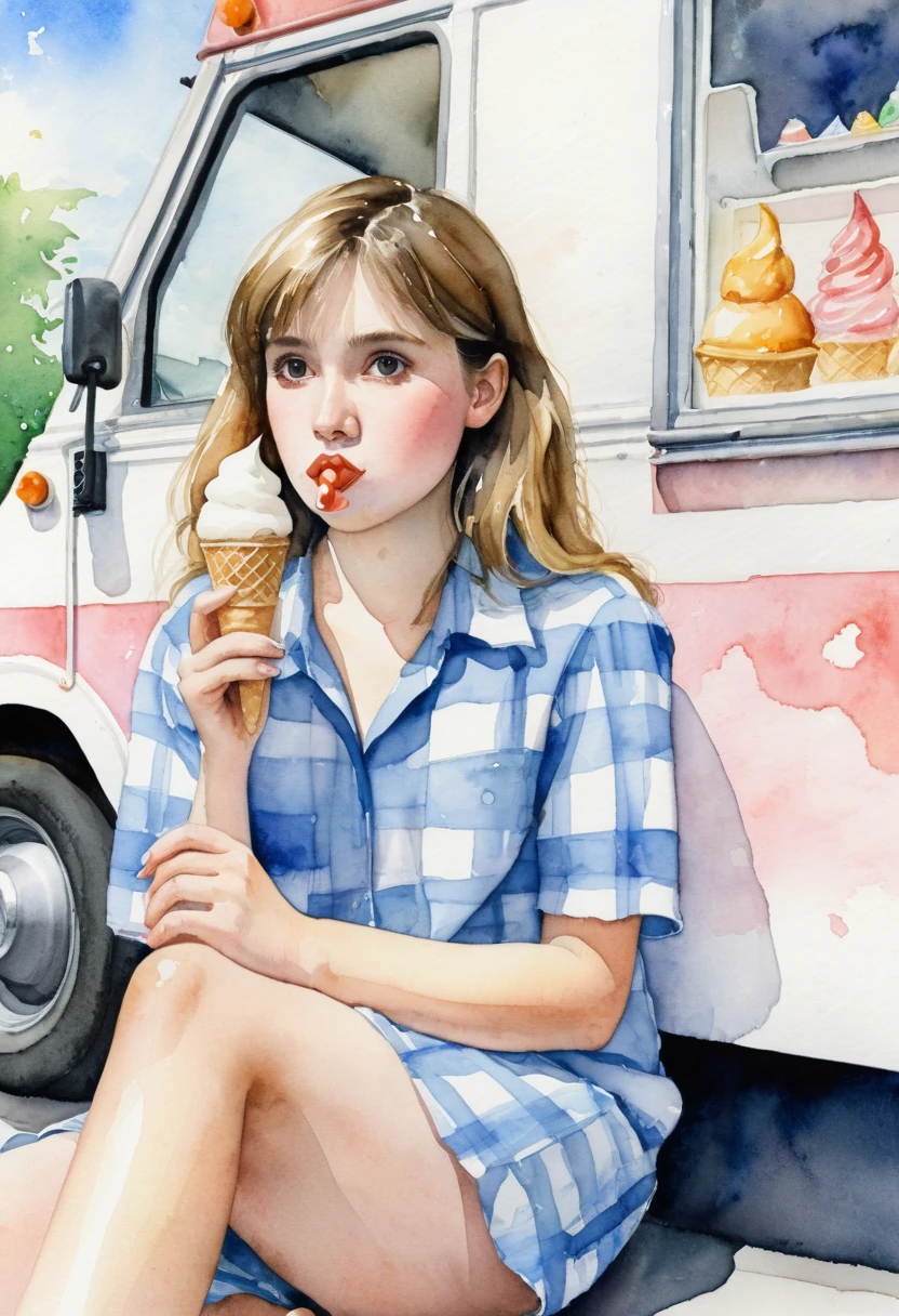 Closeup. 1girl, bored expression, holding ice cream cone, sitting beside an ice cream truck, masterpiece, the best quality, very aesthetic, absurdres traditional media, watercolor, 1980