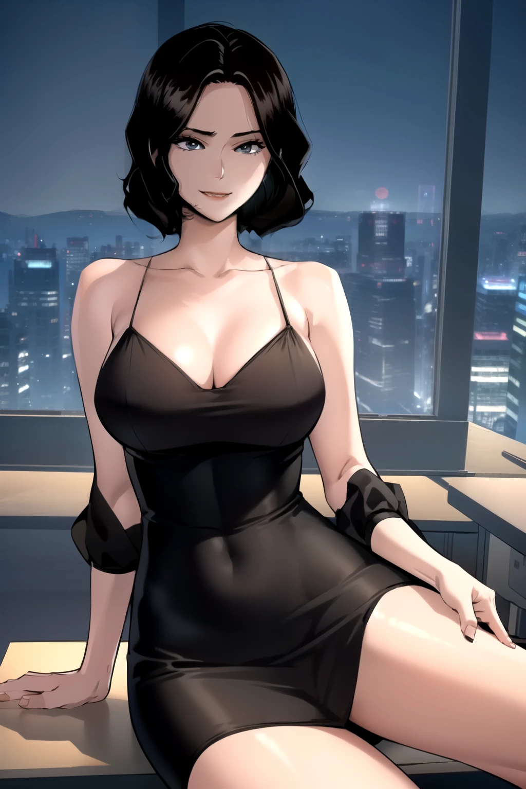 masterpiece, best quality, perfect anatomy, beautiful background, beautiful face, beautiful eyes, beautiful body, full body, shin jiye, 1girl, solo, smiling, short hair, large breasts, black hair, lying down on office table, legs crossed, collarbone, mole, lips, mole under mouth, black dress, deep neckline, black high heels