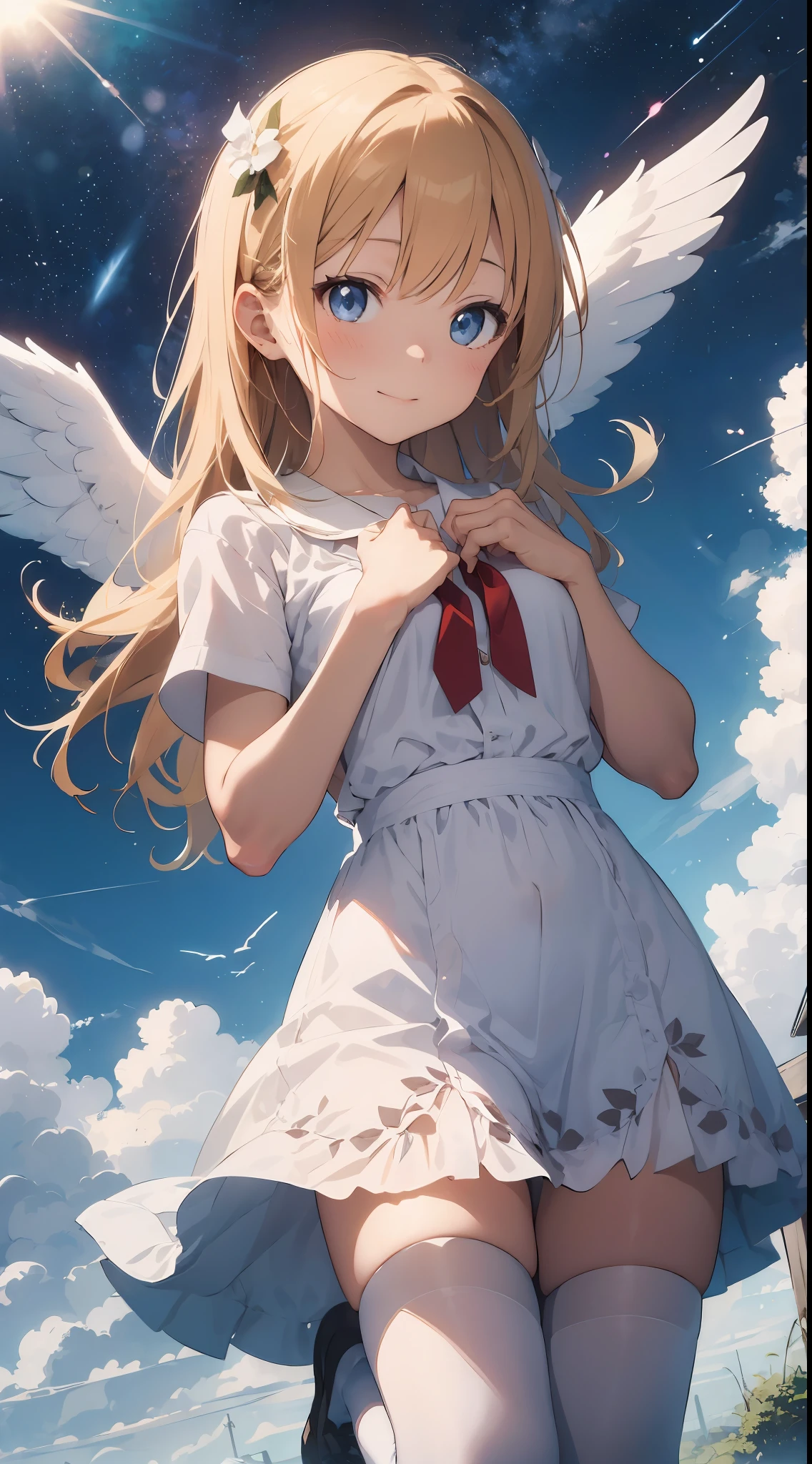 masterpiece、Photoreal Stick、top-quality、Supremely detailed、cowboy shot、Exaggerate the difference in material and material texture、Meticulous anime style、
girl with:I'm a pretty girl with blonde hair and blue eyes.。I'm about 10 years old。Clothing is wearing a white dress and socks。She wears a red ribbon around her neck.。Girl leaning on a big stuffed bear、Sleeping soundly。The face is at peace、Smiling。
Stuffed bear:It's a brown and fluffy stuffed bear。Bigger than a girl、I try to wrap up girls。Stuffed bear is gently hugging a girl、Protecting girls。
Angels and Souls:Multiple angels are flying around the girl。Angels have white wings and halos.、It has a beautiful figure。Angels are giving blessings and comforts to girls.、Trying to take a girl to heaven。A white and transparent soul emerges from the girl,、Ascending into the sky with angels。
Background with:Blue sky and white clouds are depicted on the background。The sun, rainbows, stars, etc. shine in the sky。Light is shining from the sky.、Stuffed girls and bears illuminate angels and souls。The background expresses dreams and illusions.、It has a beautiful and gentle atmosphere.。