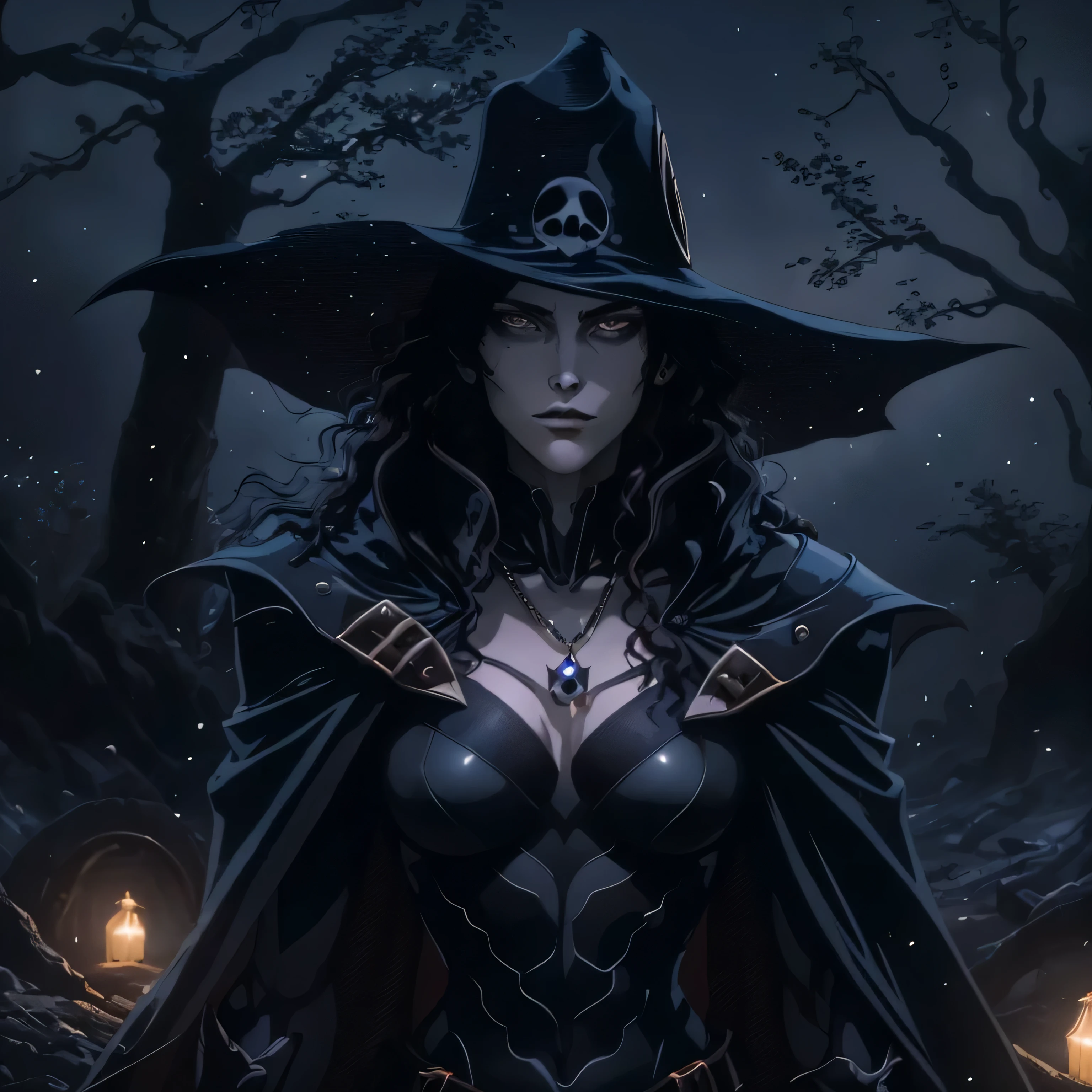 A girl standing alone in an eerie graveyard, her eyes glowing with an intense focus. Her face is detailed and beautiful, with long eyelashes enhancing her mysterious allure. She wears a black hat, adding a touch of elegance to her appearance. Around her neck, a shimmering gem necklace catches the moonlight, reflecting its ethereal glow.

She is draped in a flowing cape, which billows behind her as if caught in an unseen wind. Over her shoulders, she wears armor, providing protection as she ventures into the darkness. Her outfit is a form-fitting bodysuit, accentuating her slender figure and emphasizing her strength and agility.

A skull belt adorns his waist, serving as both a statement piece and a symbol of her commitment to vanquishing evil. His boots are sturdy and practical, allowing his to navigate treacherous terrain with ease. The entire scene is rendered with utmost attention to detail, using techniques like photo-realistic rendering in programs like Octane Render and Unreal Engine.

The overall aesthetic of the artwork is ultra-realistic, showcasing textures and materials in the finest possible way. The colors are vivid and vibrant, creating a sense of depth and realism. The lighting is expertly done, accentuating the dramatic atmosphere of the scene, with soft moonlight casting elongated shadows.

As the solo Vampire Hunter D, he embodies both grace and strength, ready to face any creature of the night that crosses his path. The artwork blends elements of fantasy and horror, seamlessly combining different art styles into a cohesive masterpiece.