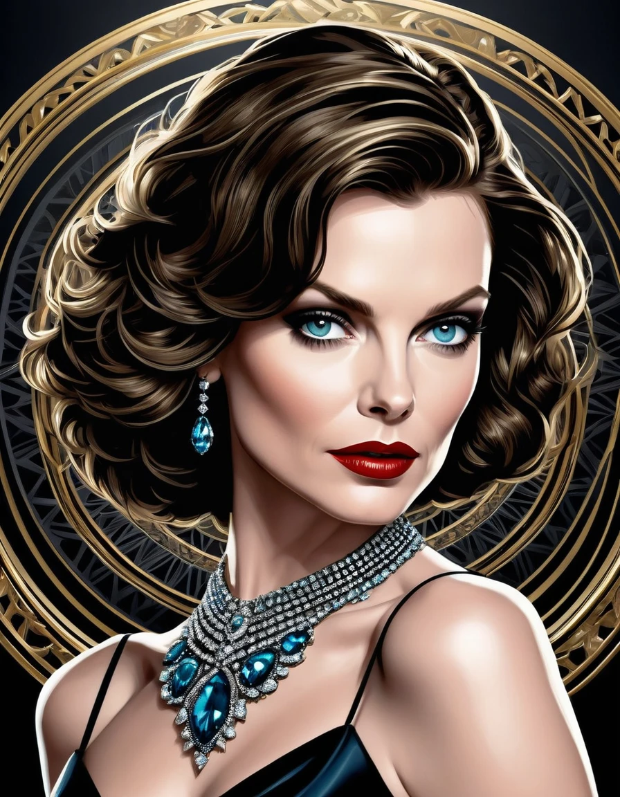 24 yo 1woman, [Anne Hathaway:Michelle Pfeiffer:0.4] as Selina Kyle, exudes beauty with her radiant, smooth skin. Her strong, serious demeanor and confident stance convey an air of convincing allure. Insanely detailed and intricate lavish elegant and luxurious jewelry store background.This captivating portrait is rendered in 4k high-resolution, ensuring every detail is displayed in the best quality. The illustration showcases Selina's determined expression, captivating the viewer's attention with its intricately detailed features.
