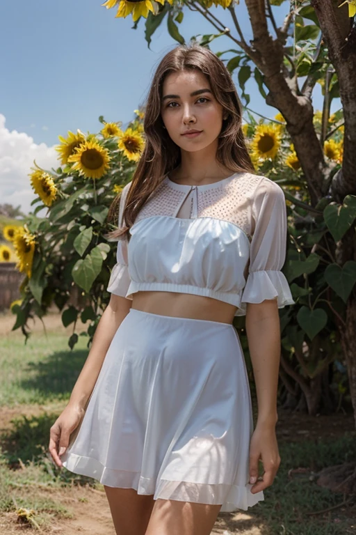 Under the sunflower tree, uma mulher olhando para os galhos, roupa transparenta ensolarado, areias brancas brilhantes, blue sky, 24k