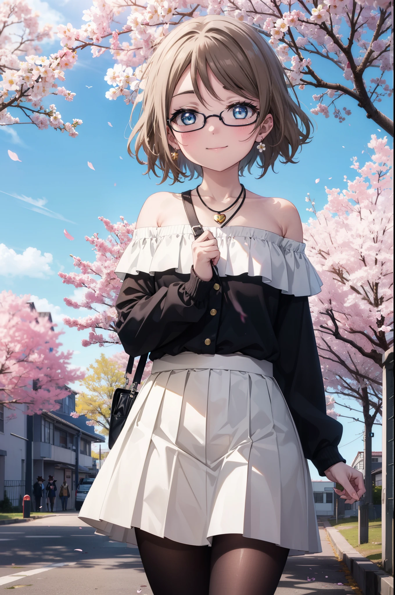 Yowatanabe, Watanabe Yo, short hair, blue eyes, brown hair, Black-rimmed glasses,hair band,Heart Necklace,Off-the-shoulder sweater,Bare shoulders,Bare neck,bare clavicle,Long skirt,Black pantyhose,short boots,Cherry blossoms are blooming,Cherry blossoms are scattered,Cherry blossom tree-lined path,happy smile, smile, Open your mouth,whole bodyがイラストに入るように,walking,
break outdoors, School　School building,
break looking at viewer, whole body,(Cowboy Shot:1.5),
break (masterpiece:1.2), highest quality, High resolution, unity 8k wallpaper, (figure:0.8), (Beautiful fine details:1.6), Highly detailed face, Perfect lighting, Highly detailed CG, (Perfect hands, Perfect Anatomy),