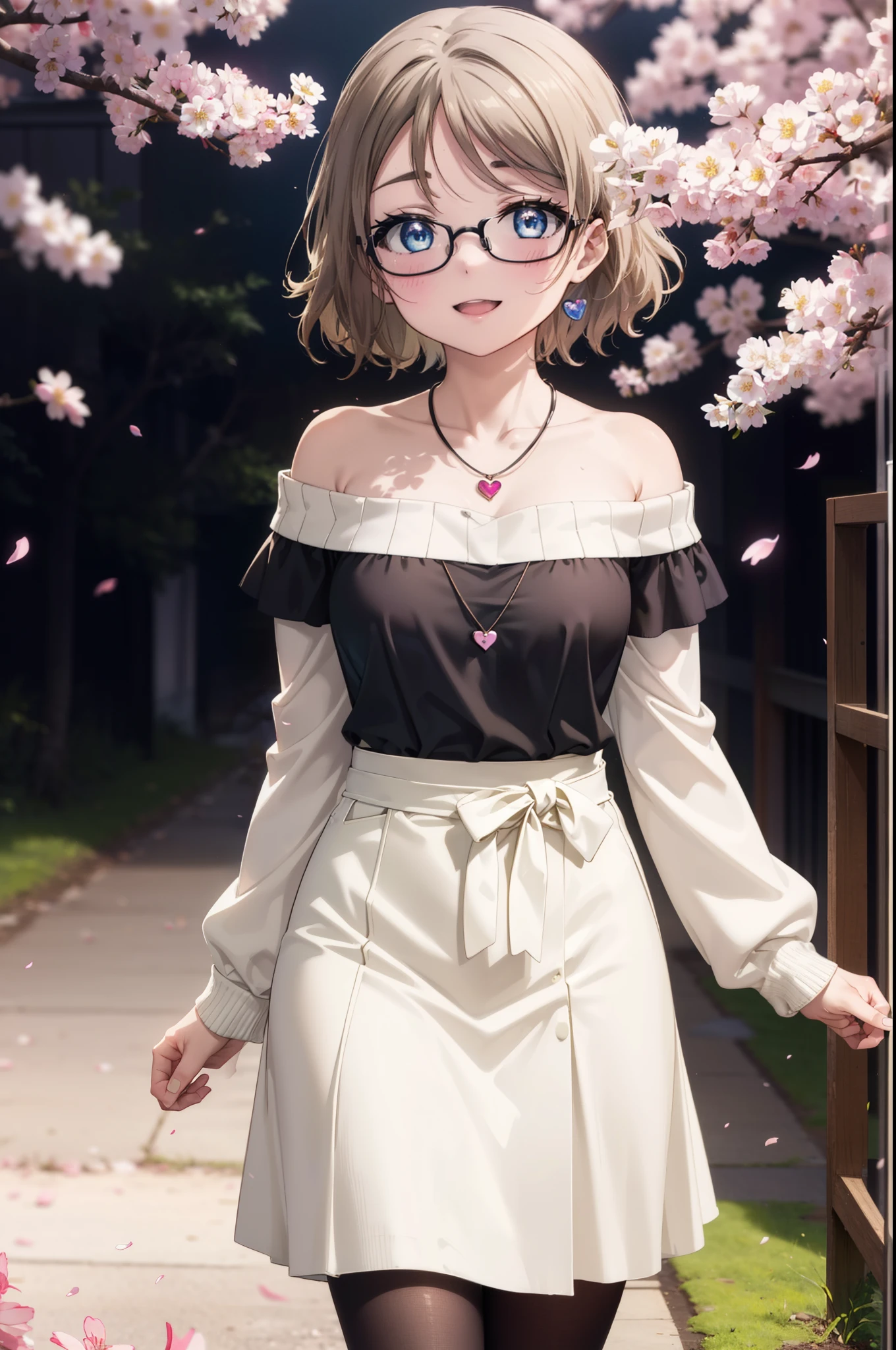 Yowatanabe, Watanabe Yo, short hair, blue eyes, brown hair, Black-rimmed glasses,hair band,Heart Necklace,Off-the-shoulder sweater,Bare shoulders,Bare neck,bare clavicle,Long skirt,Black pantyhose,short boots,Cherry blossoms are blooming,Cherry blossoms are scattered,Cherry blossom tree-lined path,happy smile, smile, Open your mouth,whole bodyがイラストに入るように,walking,
break outdoors, School　School building,
break looking at viewer, whole body,(Cowboy Shot:1.5),
break (masterpiece:1.2), highest quality, High resolution, unity 8k wallpaper, (figure:0.8), (Beautiful fine details:1.6), Highly detailed face, Perfect lighting, Highly detailed CG, (Perfect hands, Perfect Anatomy),