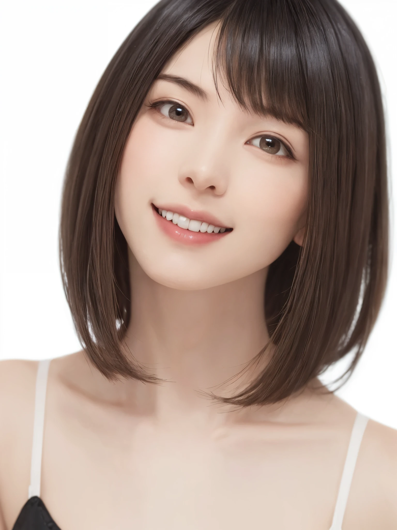 1 girl, alone, Shiny skin, chest, very detailed, ultra detailed, Ultra-high resolution, whole body, (フォトrealism:1.6), (highest quality), (Best Shadow),realism:1.6 details, Perfect lighting, Black Hair, ((Showpiece, highest quality, High precision)), One Girl, (big chest, Realistic: 1.4), (look up at the camera even a little, カメラをlook up, look up, look up at the camera, Looking into the camera))), alone, , White Background, snow-White Background, shut up., smile, pretty Black Hair, short hair, Big eyes, Transparent double eyelids, eyelash, listen, Long neck, Long neck, Absolute area, ((Face close-up, short hair with bangs)), 19 years old, Attractive proportions, Shiny skin, Beautiful clavicle, Golden ratio face, Perfect Face, Teardrop-shaped mole, chestのほくろ, bangs, clean bangs, beautiful bangs, Lip gloss, Thin lips, White skin, I took off my clothes, big chest, Small face, Small face, 少し上を向いてLooking into the camera, ((smile a little for the camera, really nothing pure White Background, very big big chest, big chest))