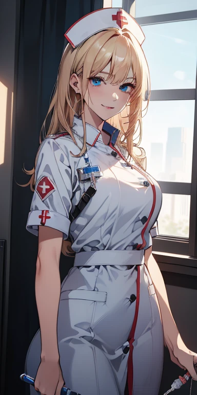 ((Best quality, 8k, Masterpiece: 1.3)), Highly detailed face and skin texture, Detailed eyes, textured skin, highres, nurse, hospital, smile, blue eyes, blonde, (syringe), (crazy, yandere), cowboy shot (top-quality), (ultra-detailliert), (masuter piece), (hight resolution), (Original),