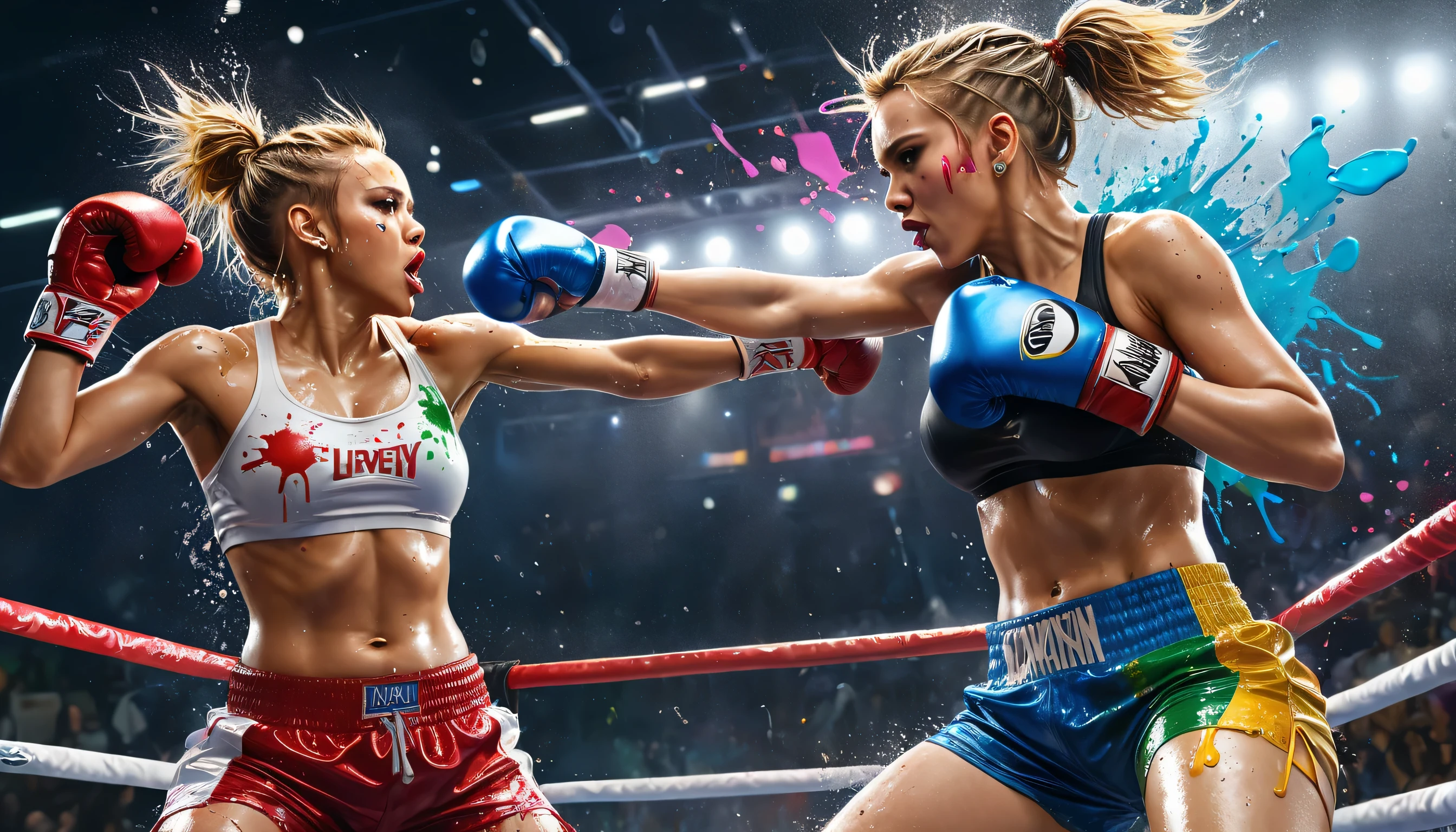 Splash art,((full body shot,in a boxing match,Jessica Alba punching Scarlett Johansson in the face,shorts)),piercing eyes,epic Instagram,artstation,splash style of colorful paint,contour,(hyperdetailed intricately detailed),unreal engine,fantastical,intricate detail,splash screen,complementary colors,fantasy concept art,8k resolution,deviantart masterpiece,oil painting,heavy strokes,paint dripping,high detail,8k,