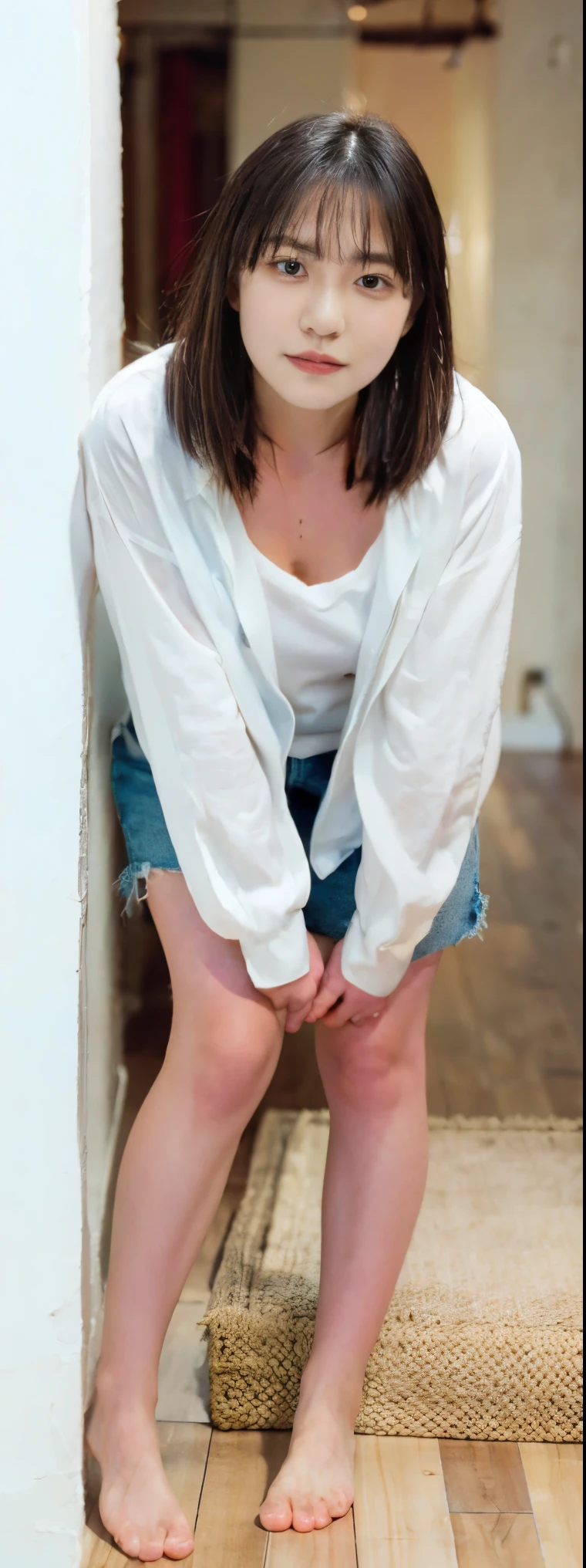 Open shirt, (((Leaning forward))), ((,Round face, Around ,mini skirt、loose tank top)), Long Hair, , Natural Makeup, Lips become thicker, Sexy Gaze, barefoot, ((Raise one leg)), Shooting from below,Gentle expression ,((Extremely precise and accurate anatomy)), (masterpiece:1.43), Perfect Proportions, Realistic photos, Full Shot, whole body, (height: 165cm),