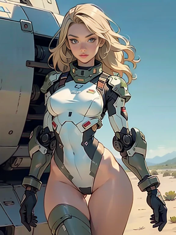 1woman 20 years old, military, camouflaged uniform, beautiful, perfect body, realistic, blonde hair, perfect body, thin waist,  , large breasts, slim thighs, desert background, armored tank, flying fighters, military robot dog, wealth of details, tight panties, marking on the front, slender knees, highly detailed, high resolution, prefect hands, slender thighs, thigh gap