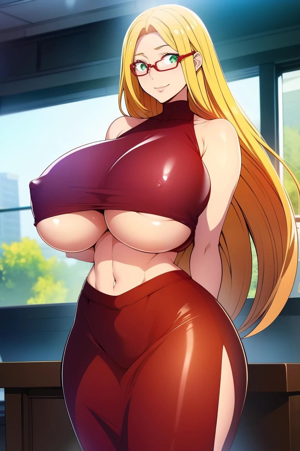 An anime-style artwork depicting Kousaka Shizuru from the game Honkai star rail.

Tags: Kousaka Shizuru, anime, detailed eyes, detailed lips, ass, bare shoulders, (blonde hair:1.4), crop top, turtleneck, pencil skirt, midriff,  glasses, long hair, red-framed eyewear,  semi-rimless eyewear,  solo, under-rim eyewear, huge breasts,  (green eyes:1.1),, smiling expression, intense gaze, dynamic pose, indoor, palace, vibrant colors, digital art, high-resolution, professional quality, gigantic breasts, (underboob : 1.4), curvy, cowboy shot, (gigantic breasts: 1.4),