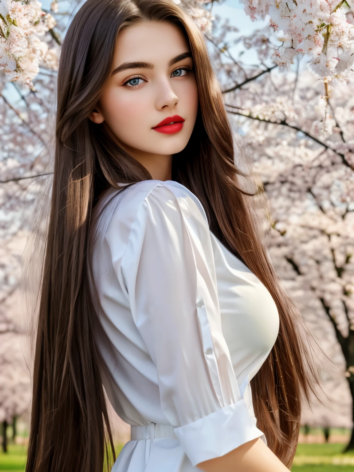 (high quality:1.2,ultra-detailed,photorealistic)1 Girl, 18 years old, Solo, Model, Long hair, Huge, looking at viewer, full face, brunette, brown eyes, red lipstick, big lips, full body, spring, near the cherry tree, realistic, AI sexy