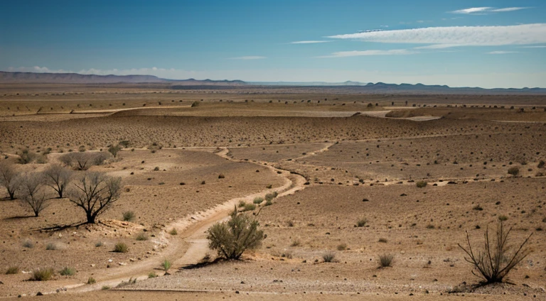Imagine an arid and desolate landscape, where the dry land stretches as far as the eye can see. The scenery is dominated by shades of brown and ocher., with little vegetation and scarce signs of life.