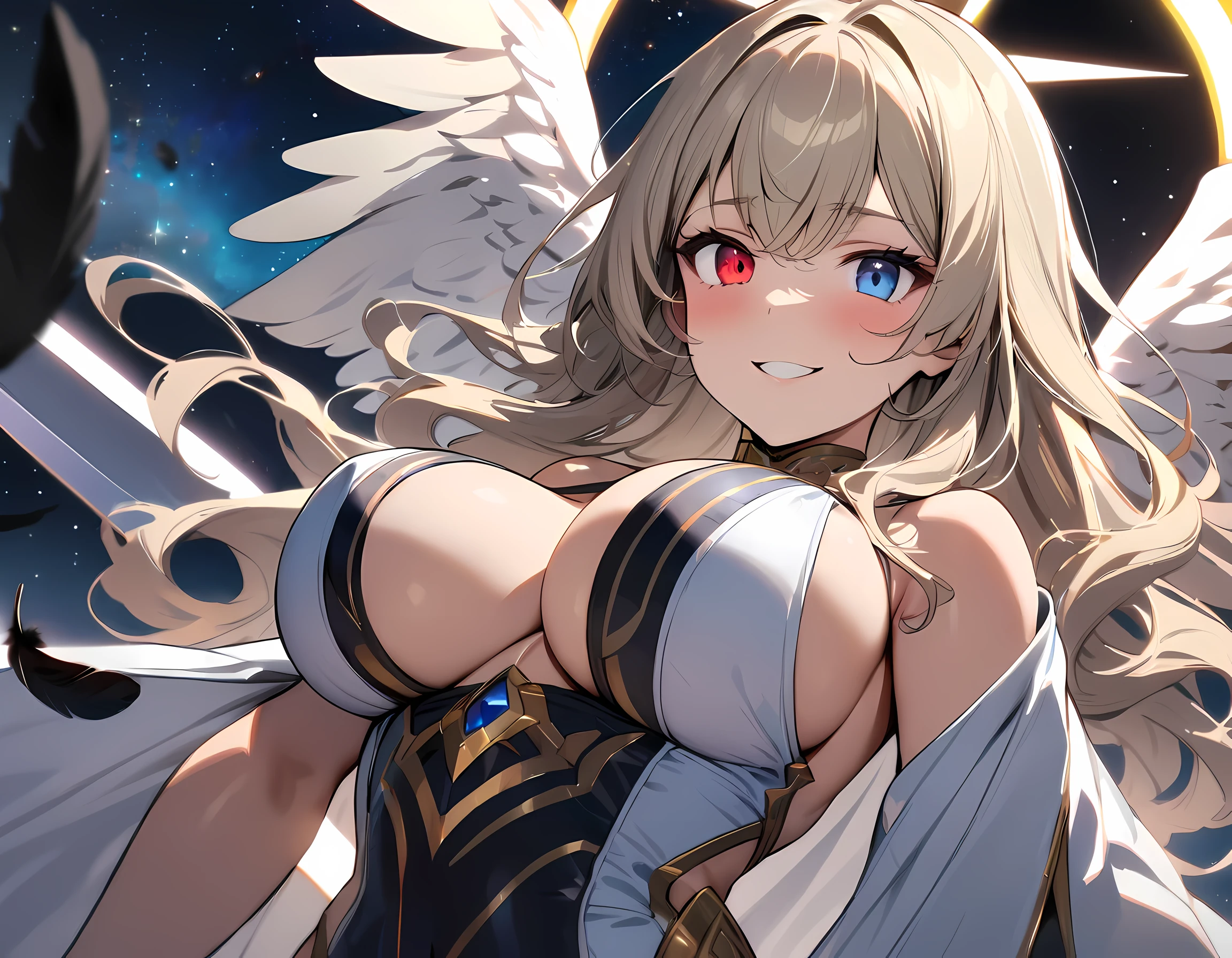 (masterpiece), best quality, expressive eyes, perfect face,1girl,big breasts,platinum blonde hair,wavy hair,(heterochromia,left red eye,right blue eye),holding weapon,holy sword,shadow sword,divine clothes,valkyrie goddess,black and wing wings, black feathers cover the sky,bright galaxy night,glowing halo,confident smile