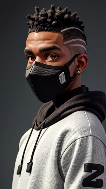black man character, with mohawk hair, diamond earrings in his ear, with a black and white sports sweater, a cyberpunk-style robotic mask covering his mouth, with beautiful brown eyes from the front.