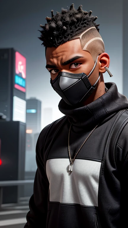 black man character, with mohawk hair, diamond earrings in his ear, with a black and white sports sweater, a cyberpunk-style robotic mask covering his mouth, with beautiful brown eyes from the front.