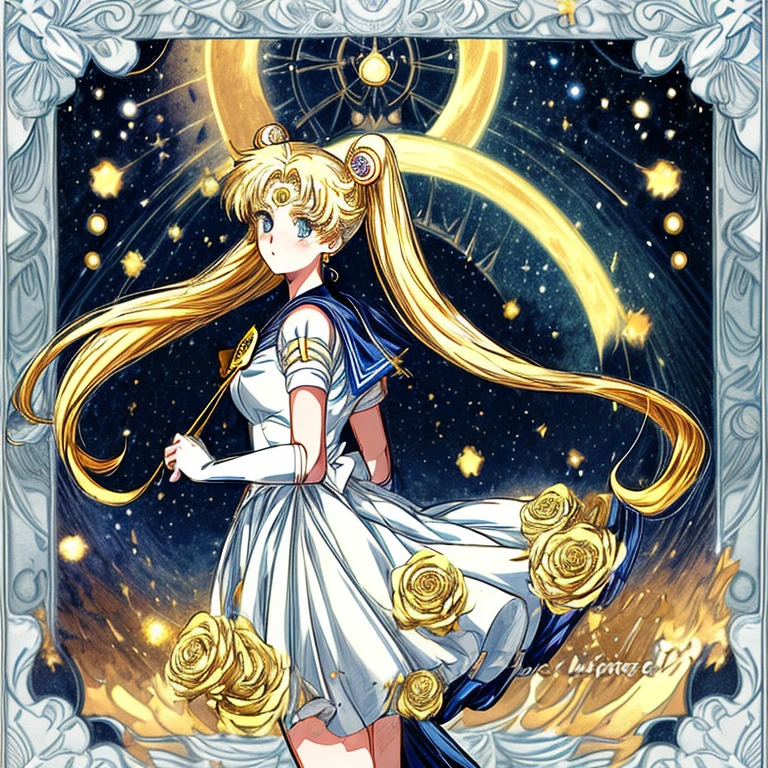 Masterpieces, high quality, anime, 2D, sailor moon, female, yellow golden hair, blue eyes, white gown, sweet face, the most pretty girl, starry night sky with big full moon background, field of roses