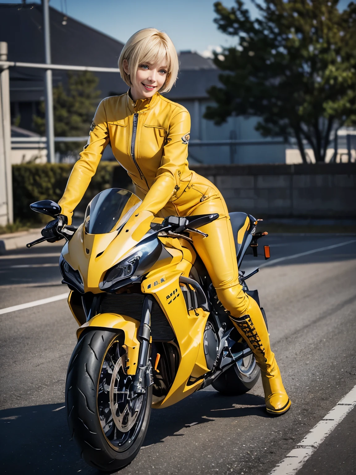 smile、Elegant Asian Woman、Blonde short bob hair、Riding a motorcycle on the road、Long sleeves and pants、Yellow racing leather suit