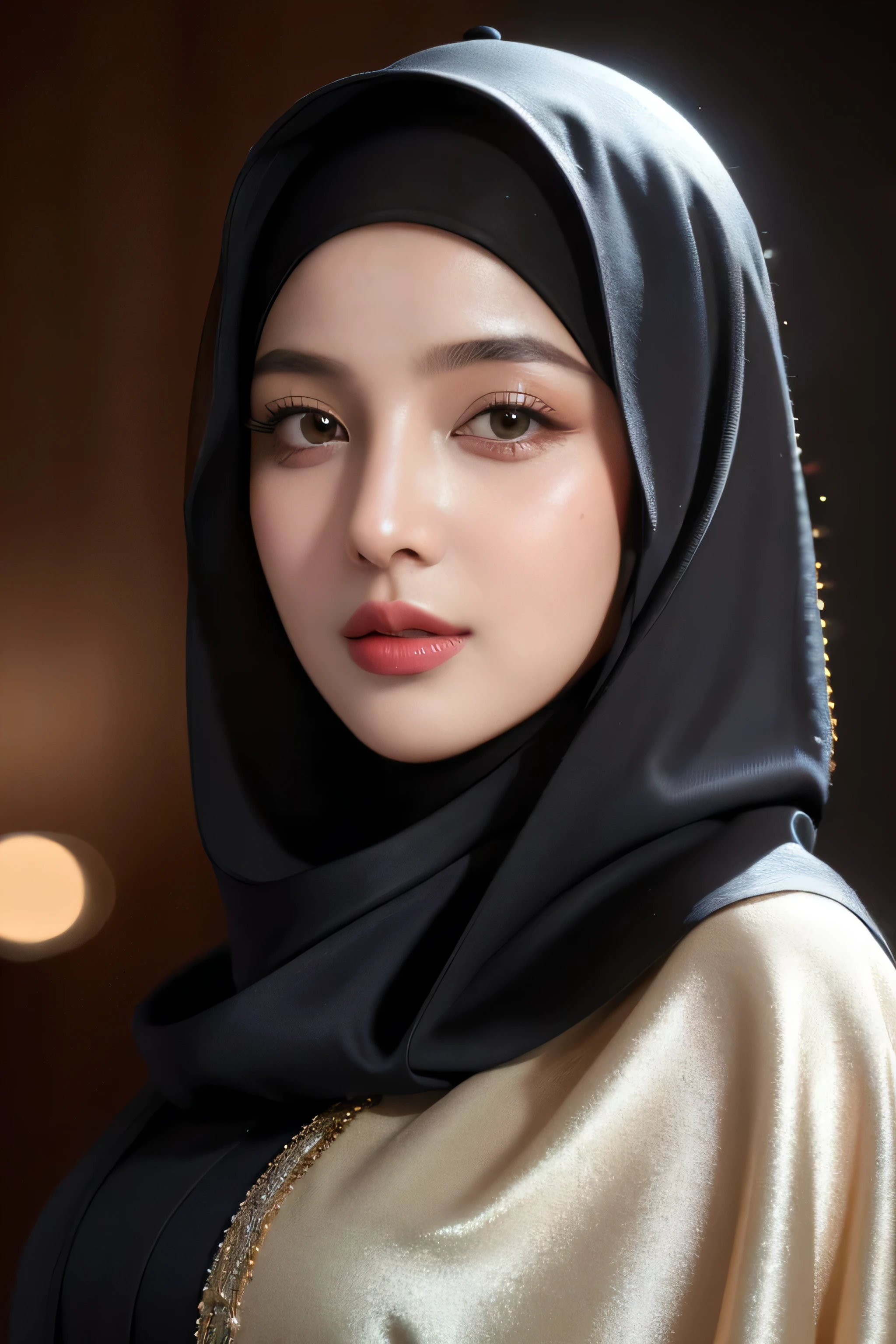 8k, masterpiece, RAW photo, best quality, photorealistic, highly detailed CG unity 8k wallpaper, Depth of field, Cinematic Light, Lens Flare, Ray tracing, (very beautiful face, beautiful lips, beautiful eyes) ((very detailed )), intricate facial details, ((very detailed skin)), best quality, Masterpiece, Super high resolution, (photo realistic:1.5), Original full body image ((full)), (hijabbers style), Satin abaya , 1girl muslim, satin abaya, satin, hijab portrait ((hijab model) ), neutral background, 8k uhd, dslr, soft lighting, high quality, film grain, Fujifilm XT3, closed dress, nice outfit, cheerful facial expression.
