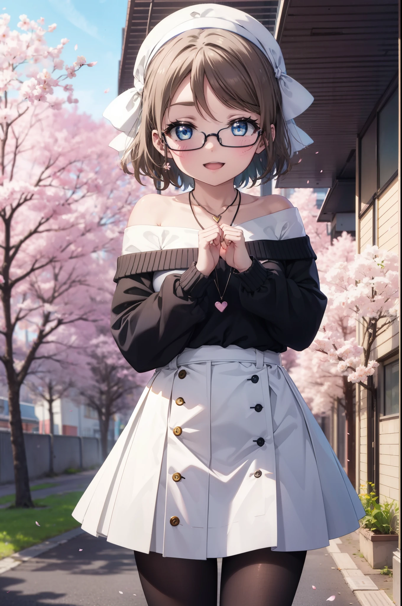 Yowatanabe, Watanabe Yo, short hair, blue eyes, brown hair, Black-rimmed glasses,hair band,Heart Necklace,Off-the-shoulder sweater,Bare shoulders,Bare neck,bare clavicle,Long skirt,Black pantyhose,short boots,Cherry blossoms are blooming,Cherry blossoms are scattered,Cherry blossom tree-lined path,happy smile, smile, Open your mouth,whole bodyがイラストに入るように,walking,
break outdoors, School School building,
break looking at viewer, whole body,(Cowboy Shot:1.5),
break (masterpiece:1.2), highest quality, High resolution, unity 8k wallpaper, (figure:0.8), (Beautiful fine details:1.6), Highly detailed face, Perfect lighting, Highly detailed CG, (Perfect hands, Perfect Anatomy),
